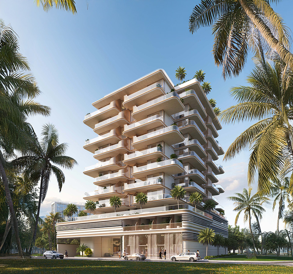 Properties Modern multi-story building surrounded by palm trees, featuring balconies and a welcoming entrance. Clear blue sky.
